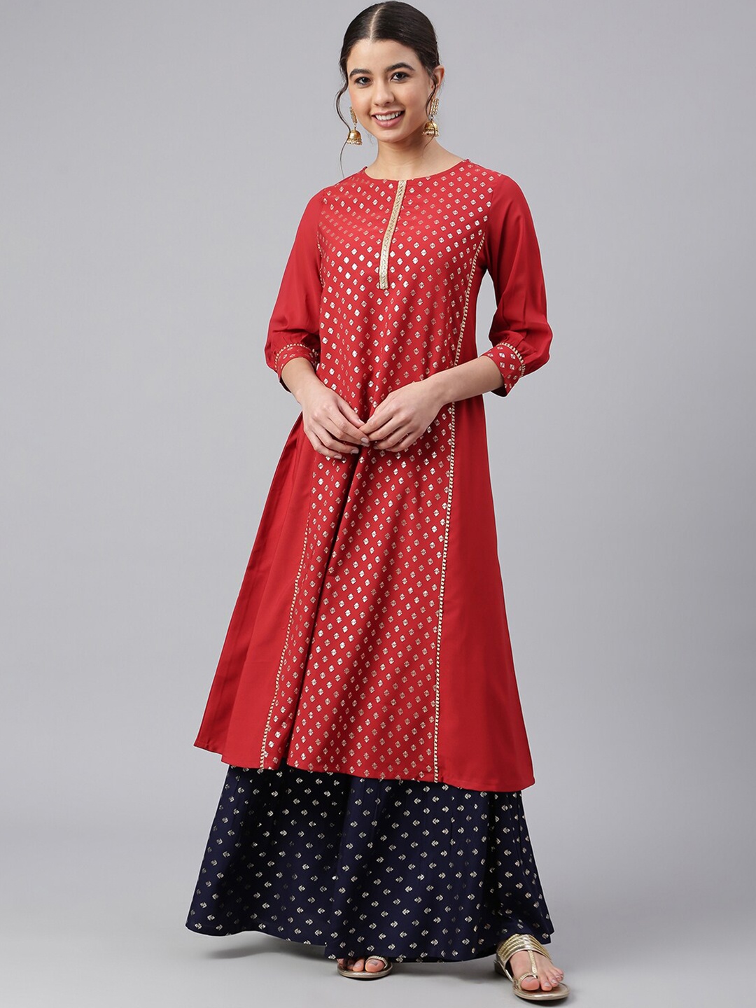 

Janasya Women Maroon Crepe Foil Print A-line Kurta