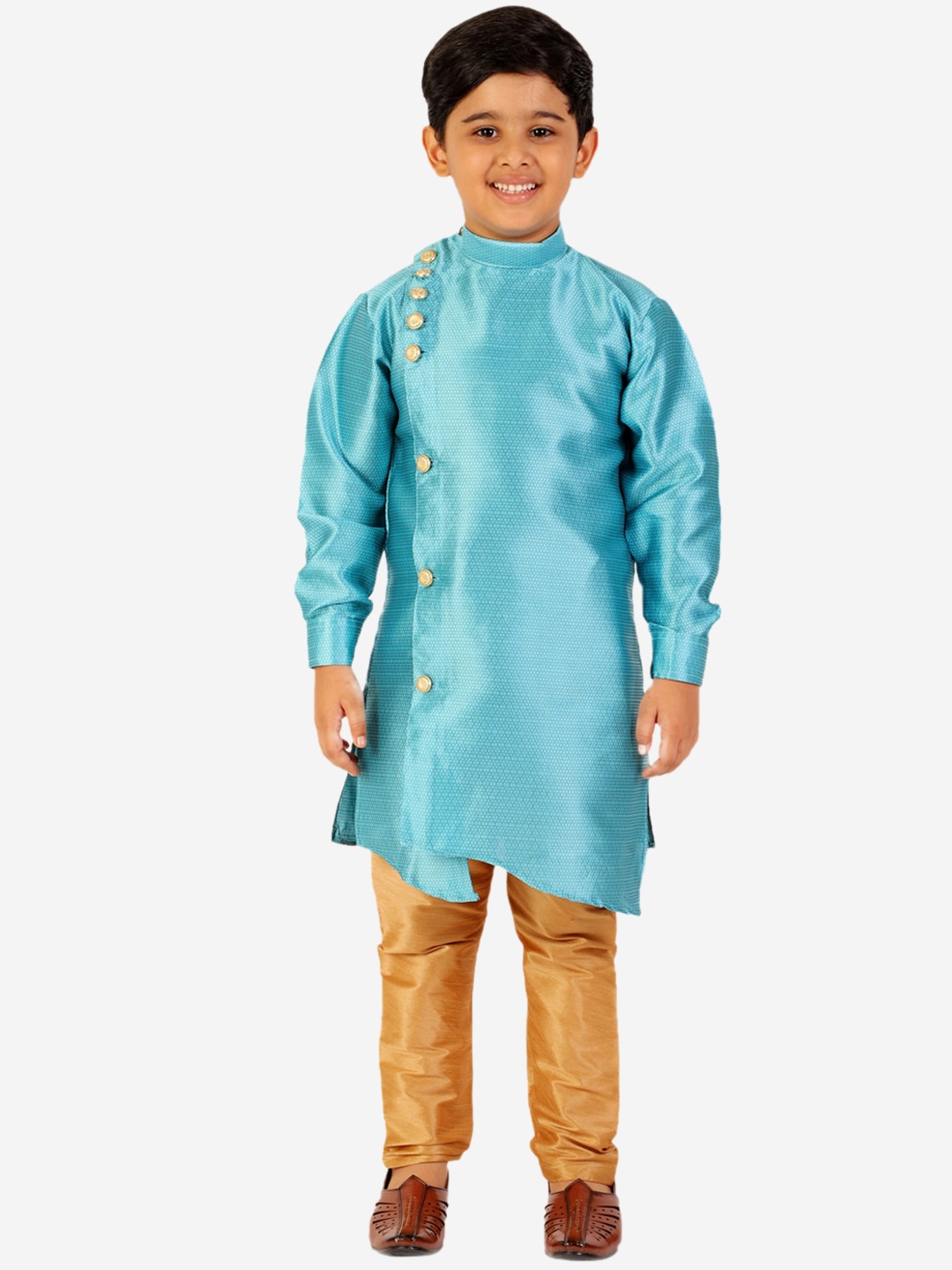 

Pro-Ethic STYLE DEVELOPER Boys Turquoise Blue Angrakha Pure Silk Kurta with Pyjamas
