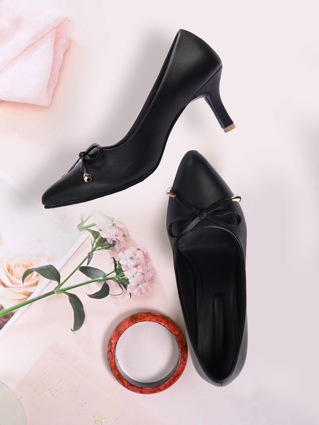 

FASHIMO Black Embellished Stiletto Pumps with Bows