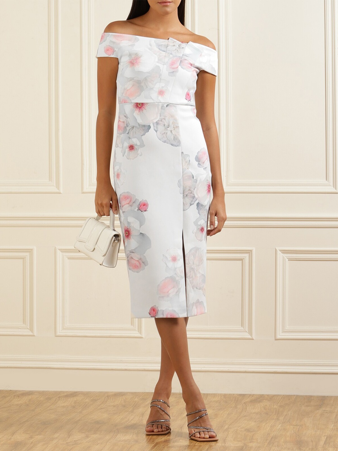 

Ted Baker White Floral Off-Shoulder Sheath Midi Dress