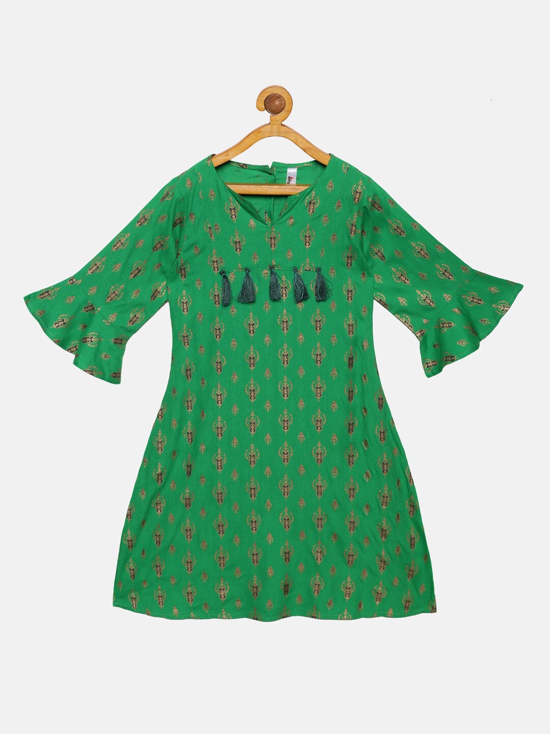 

KiddoPanti Girls Green Ethnic Motifs Bell Sleeves Gotta Patti Kurta