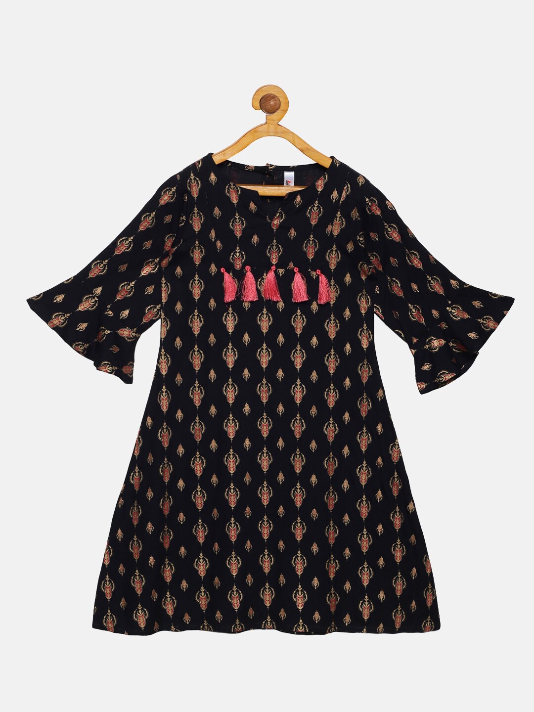 

KiddoPanti Girls Black Ethnic Motifs Flared Sleeves Thread Work Anarkali Kurta