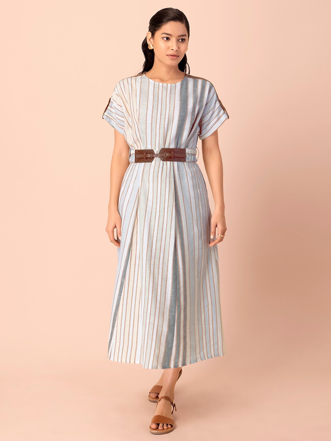 

Earthen BY INDYA White Striped Ethnic A-Line Maxi Dress with Faux Leather Belt