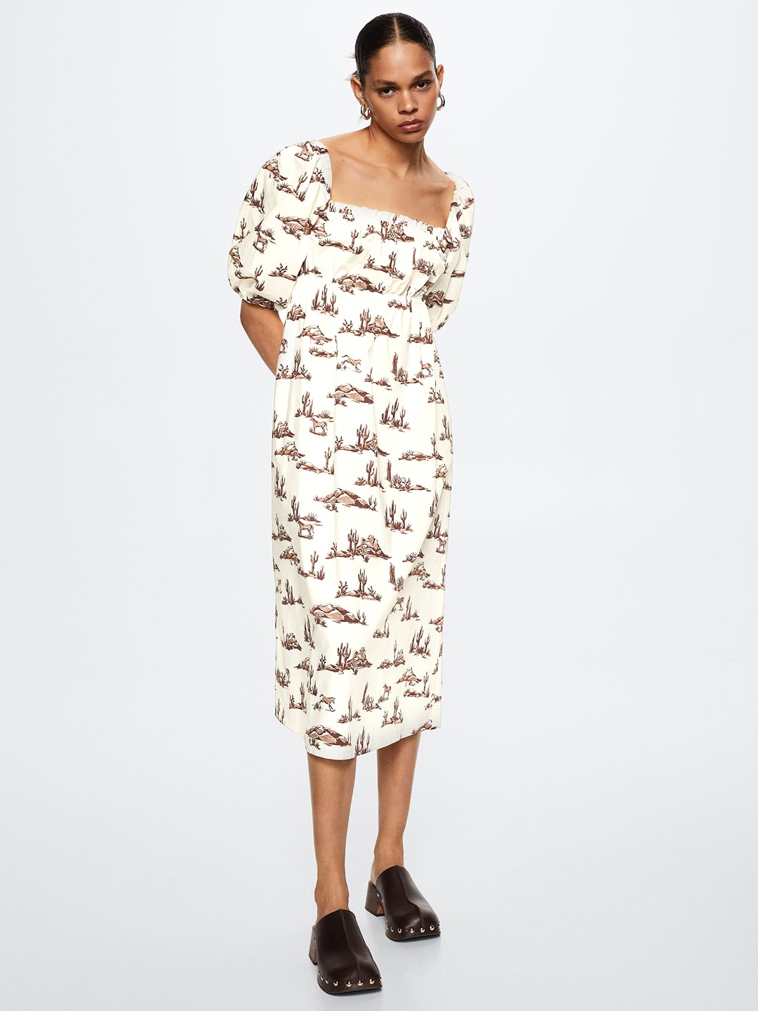 

MANGO White & Brown Printed Pure Cotton A-Line Midi Dress