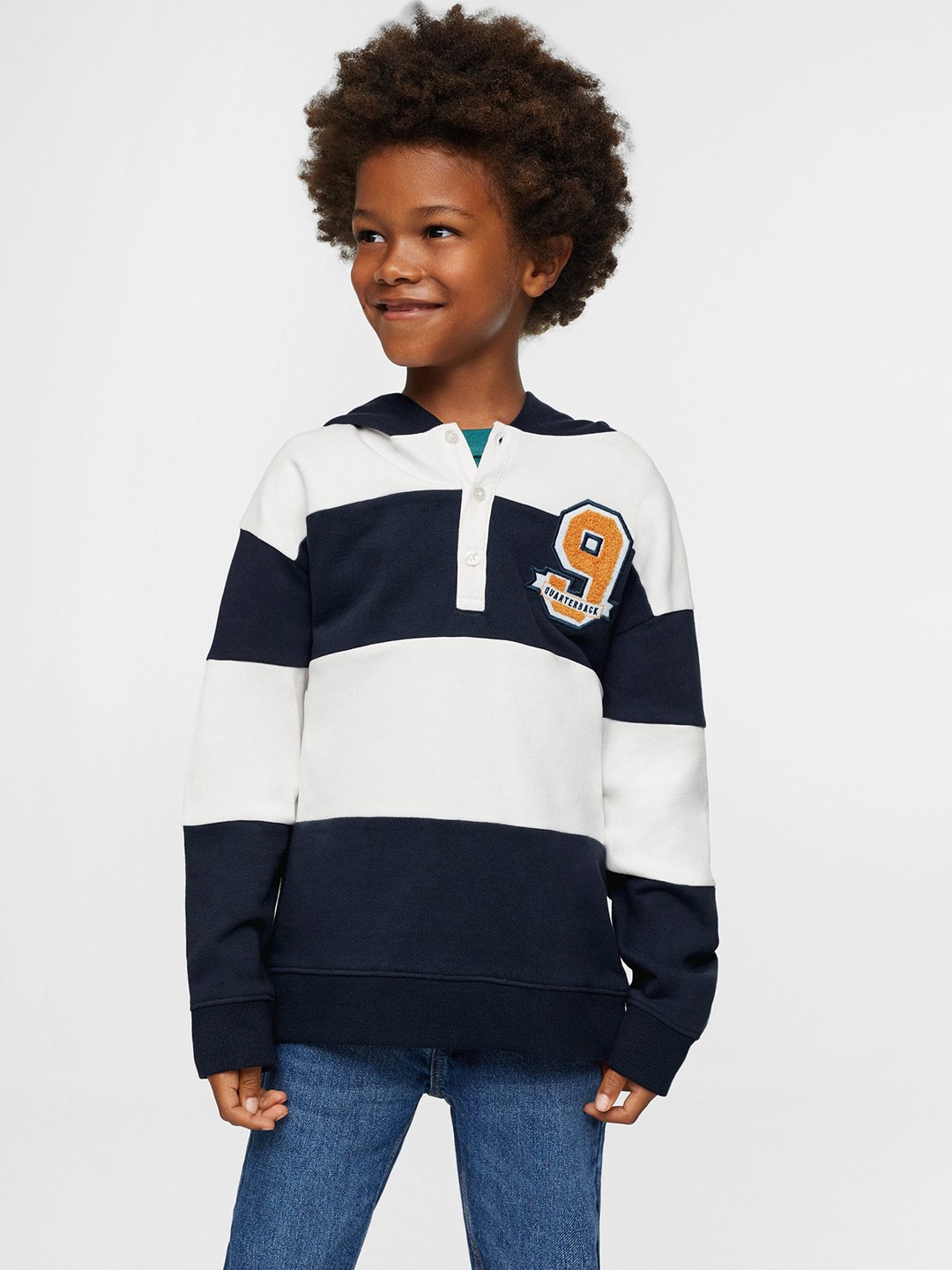 

Mango Kids Boys White Pure Cotton Striped Hooded Sustainable Sweatshirt