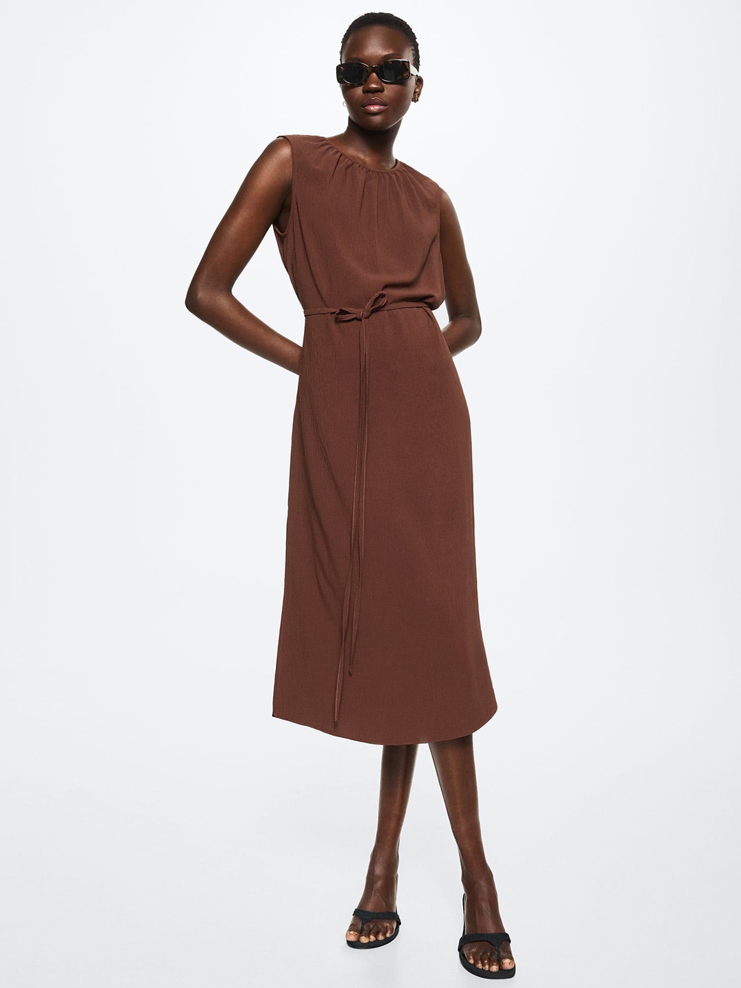 

MANGO Brown A-Line Belted Midi Dress