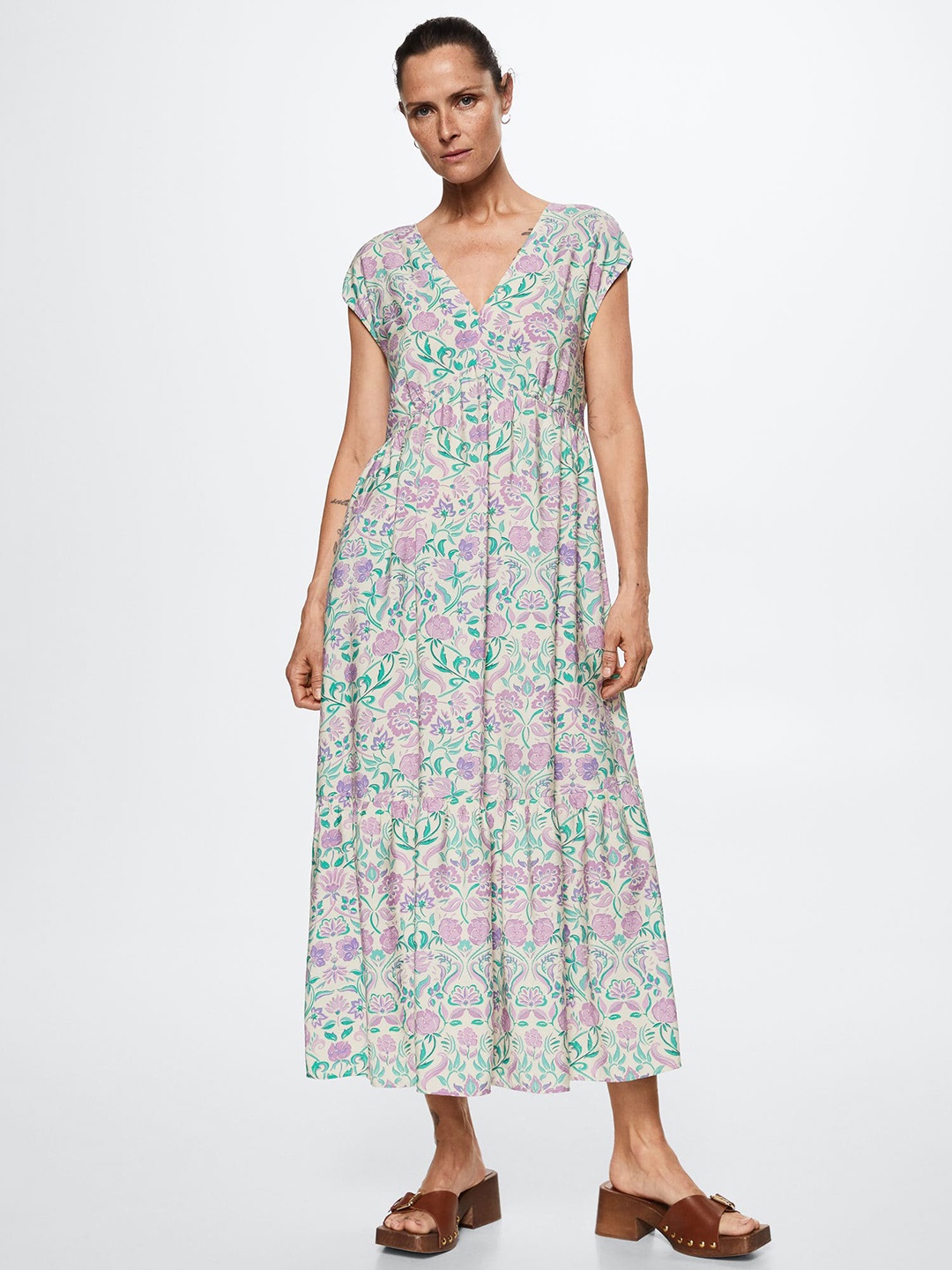 

MANGO Off White & Purple Floral Sustainable A-Line Midi Dress