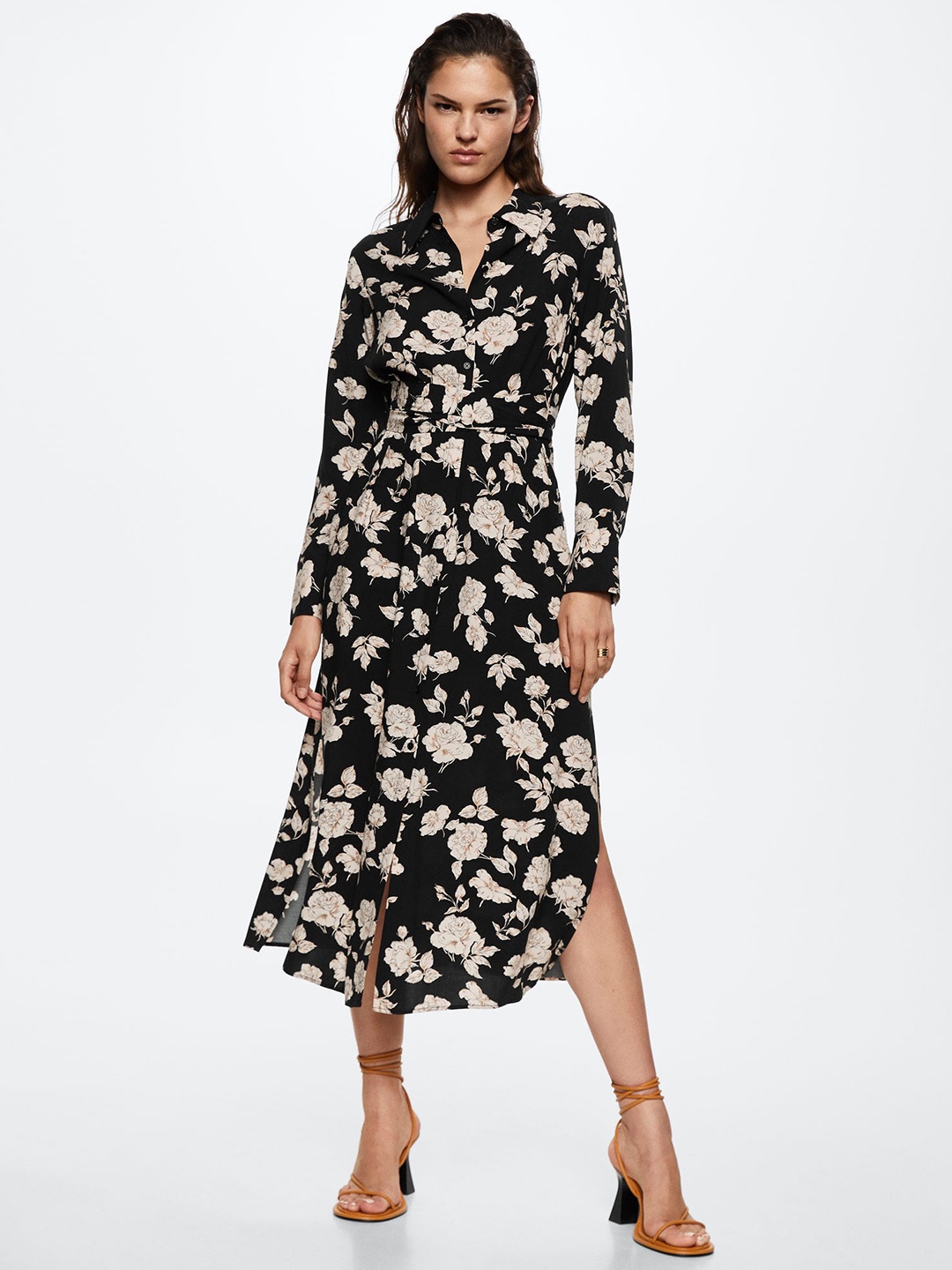 

MANGO Black & Beige Floral Sustainable A-Line Midi Dress