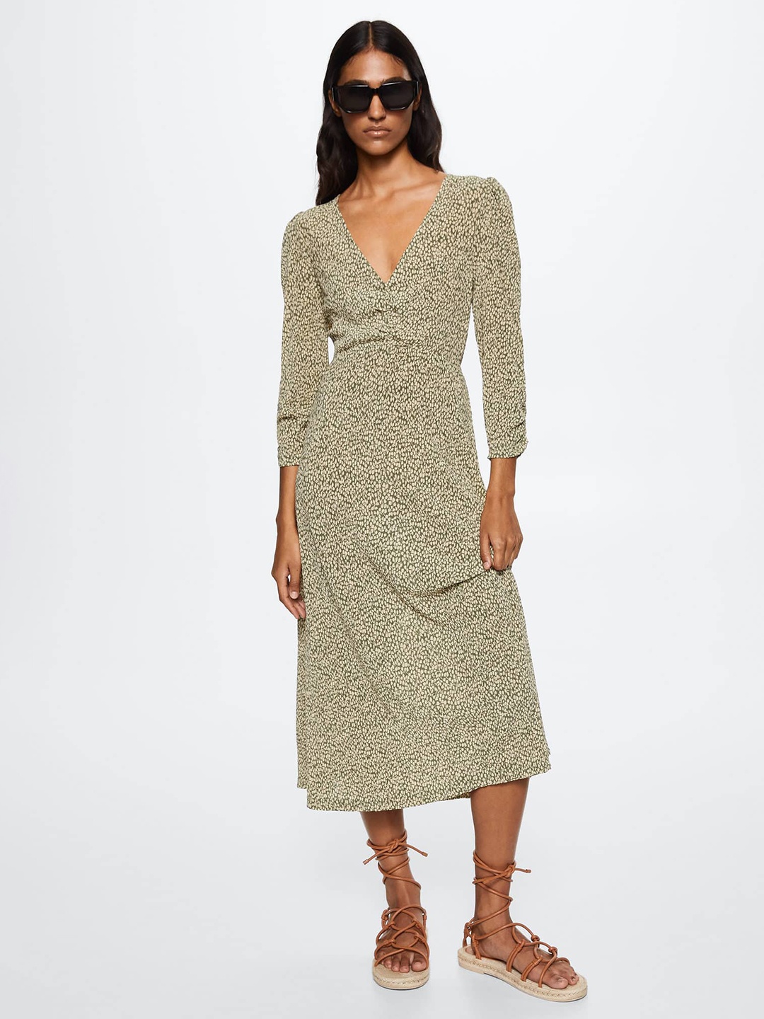 

MANGO Olive Green & Beige A-Line Midi Dress