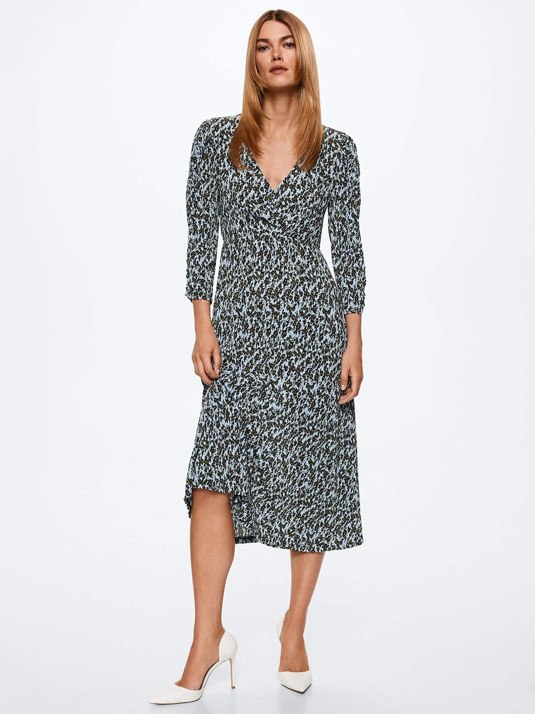 

MANGO Blue & Yellow Sheath Midi Dress