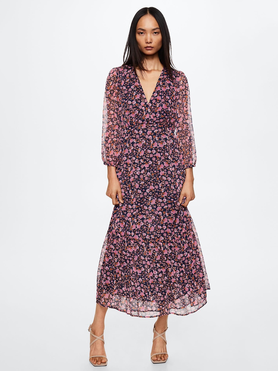 

MANGO Navy Blue & Pink Floral Maxi Dress