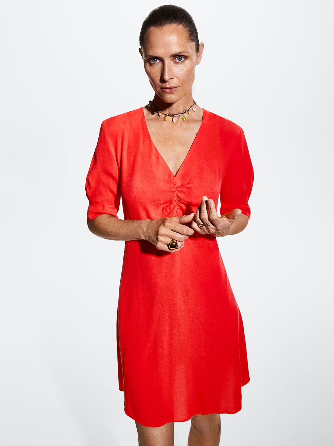 

MANGO Red Solid A-Line Dress