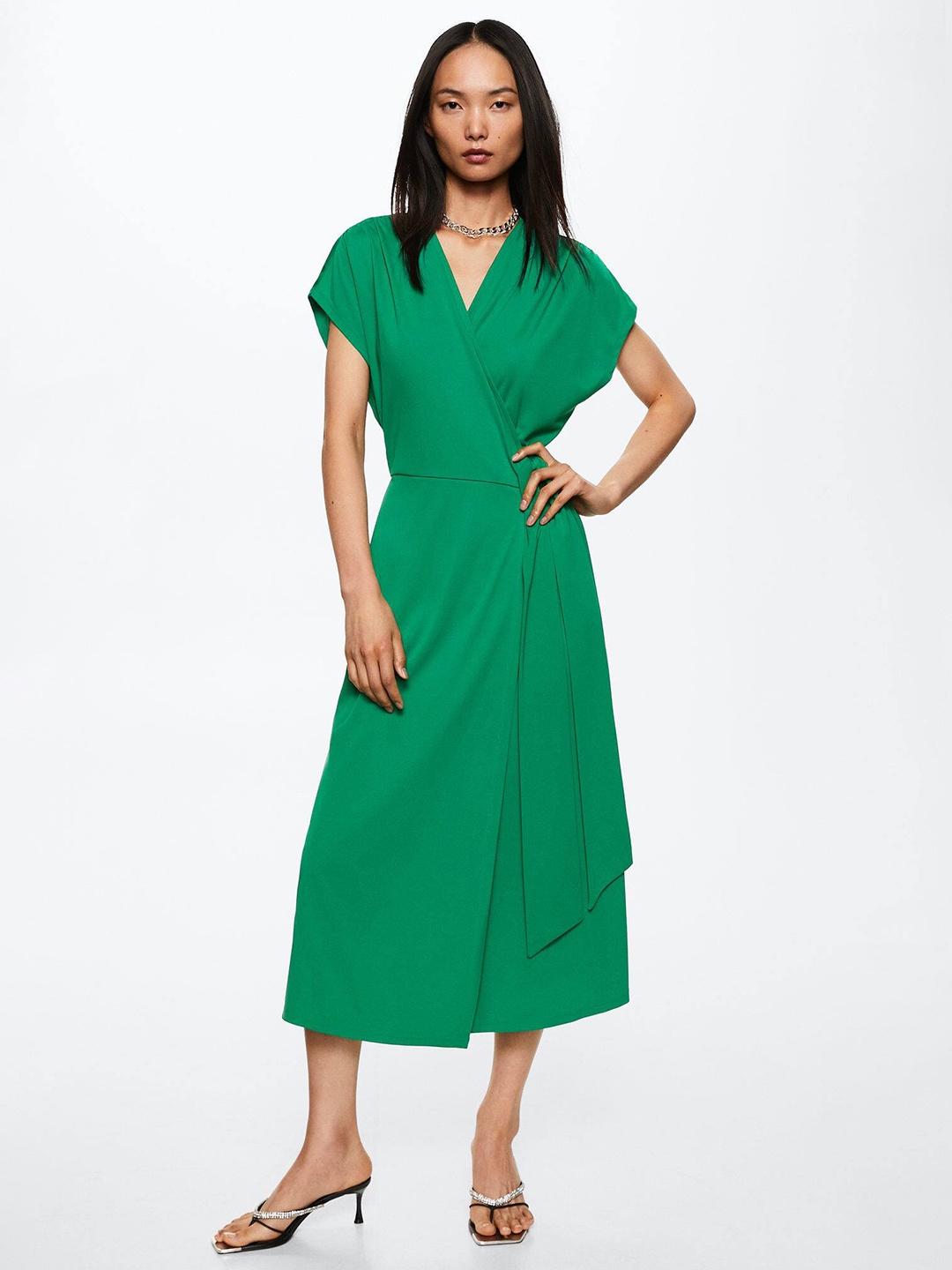 

MANGO Green Wrap V-Neck Midi Dress