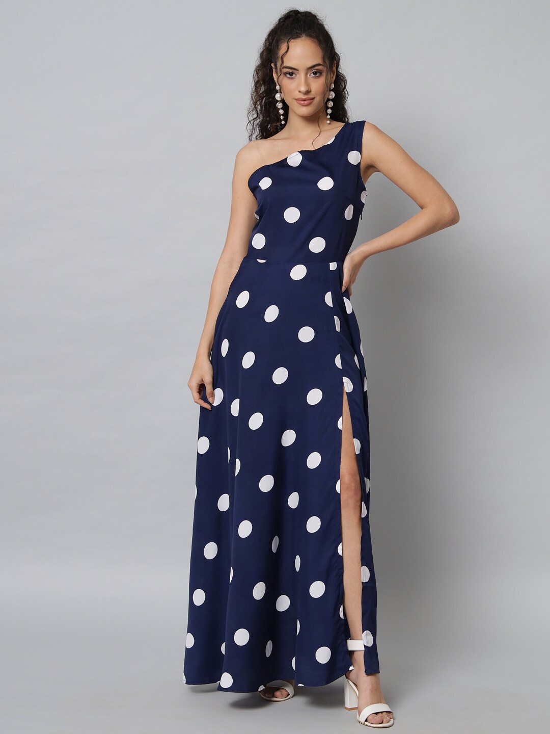 

emeros Navy Blue One Shoulder Crepe Maxi Dress