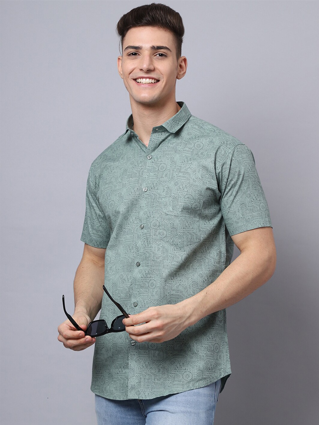 

Majestic Man Men Green Slim Fit Printed Pure Cotton Casual Shirt