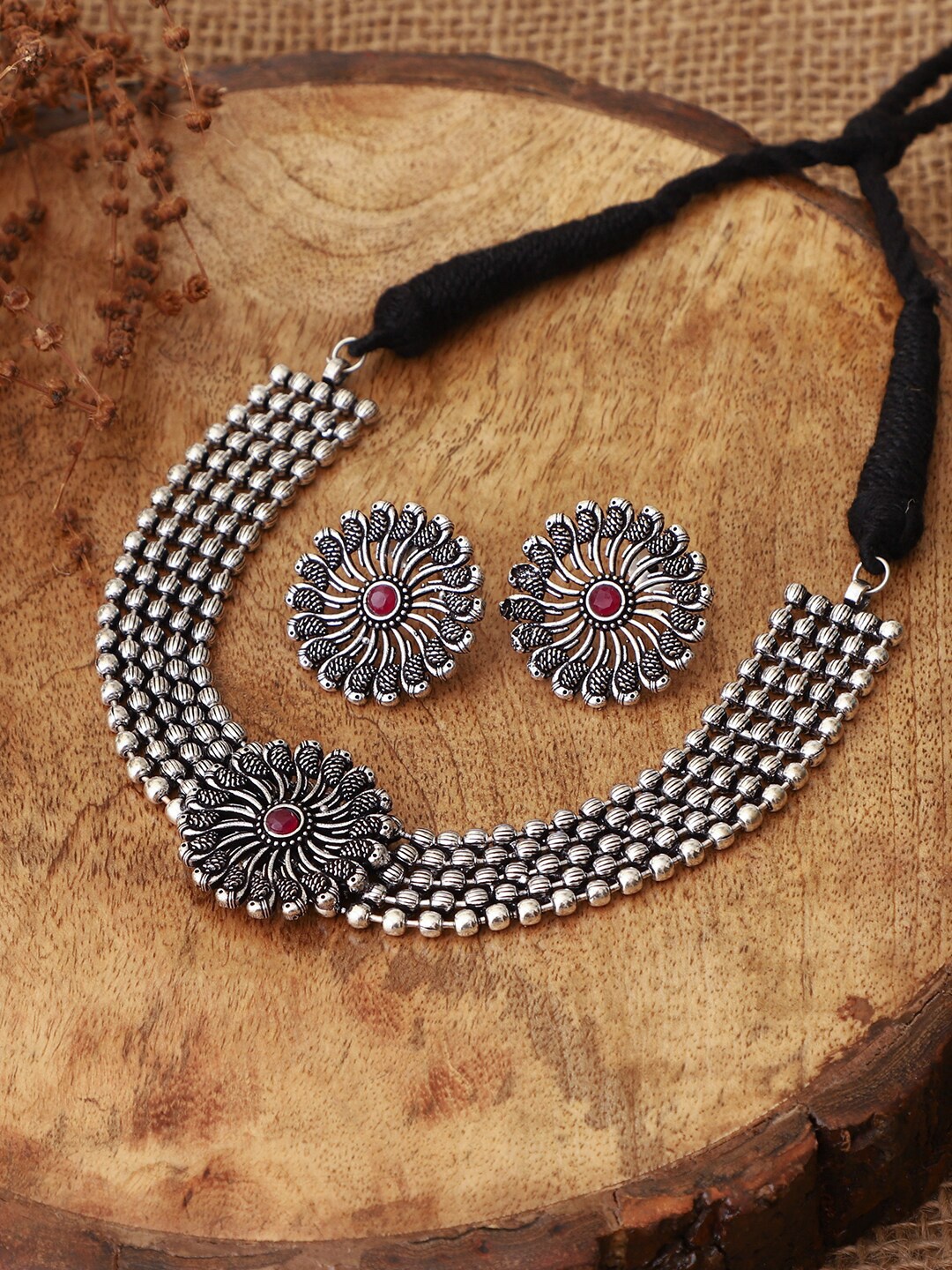 

VENI Black & Silver-Toned & Plated Oxidised Stone-Studded Jewellery Set