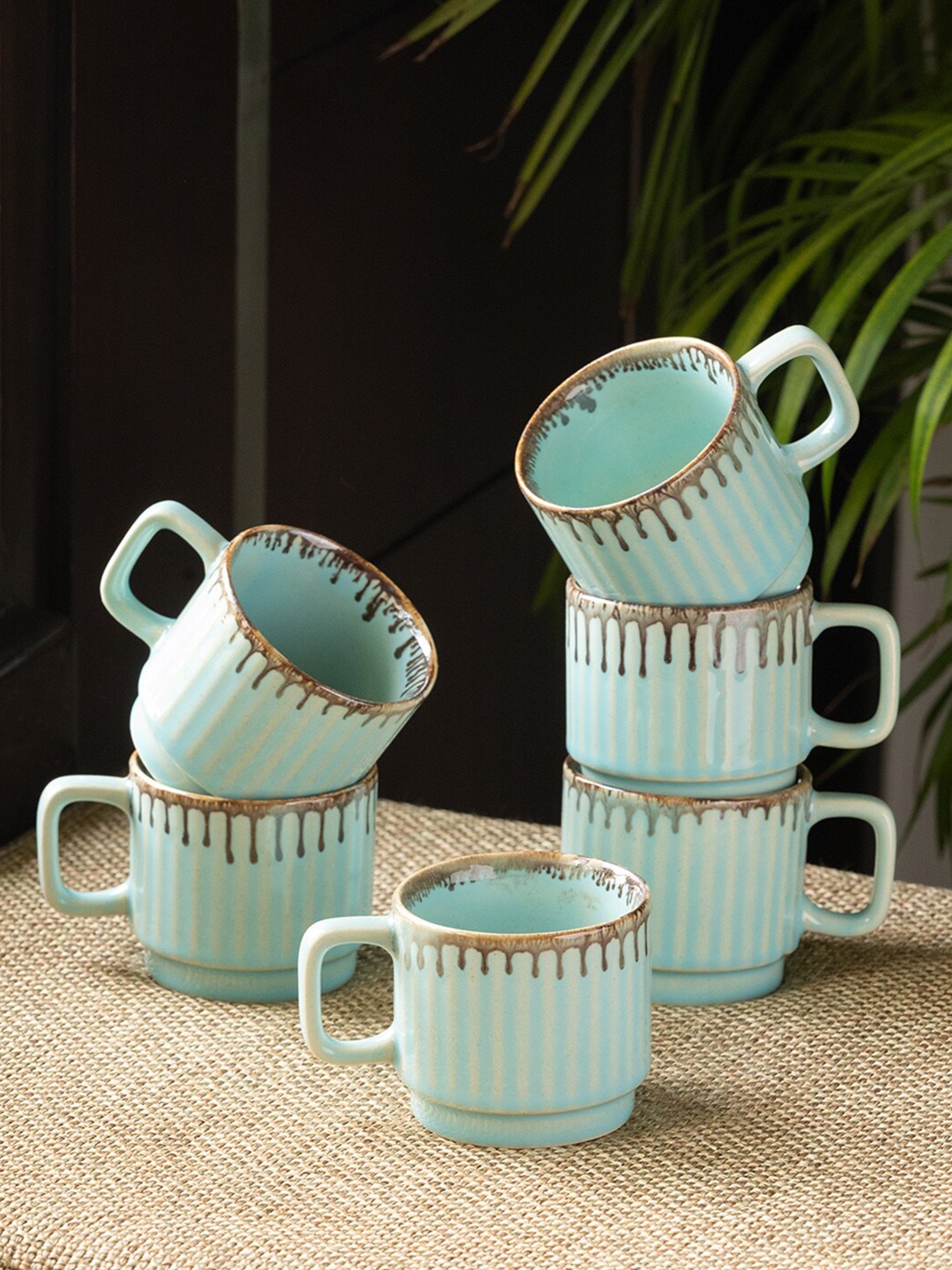 

ExclusiveLane Teal & Brown Set Of 6 Dishwasher &Microwave Safe Ceramic Cups 160 ml Each