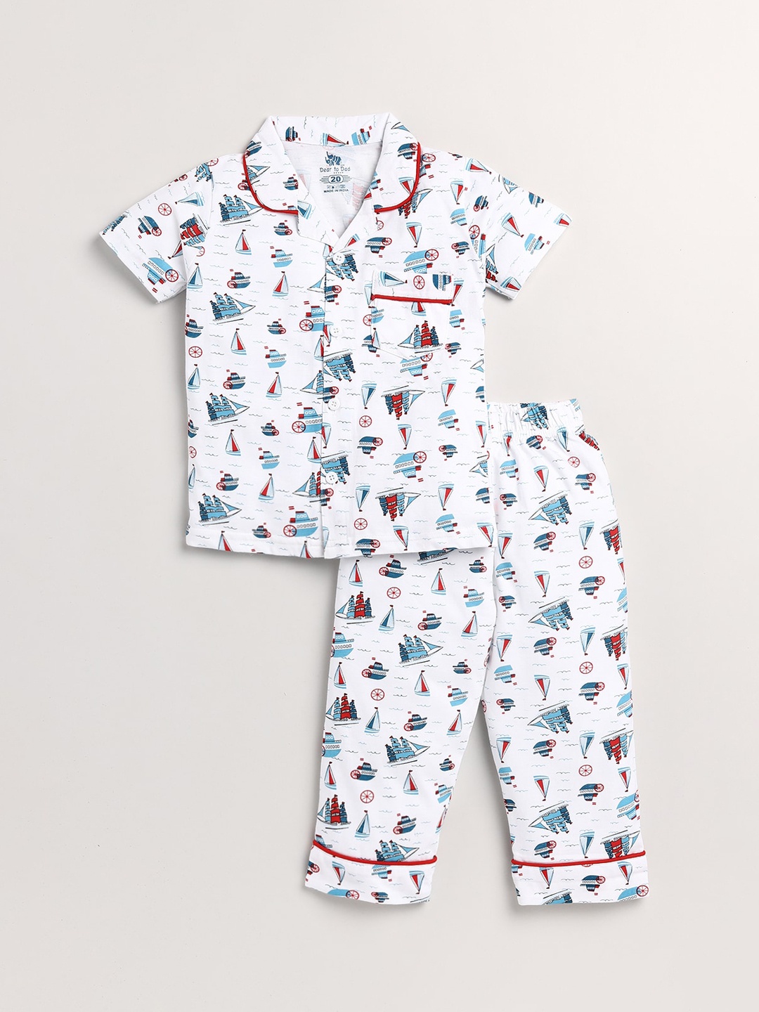 

Dear to Dad Boys White & Blue Printed Pure Cotton Night suit