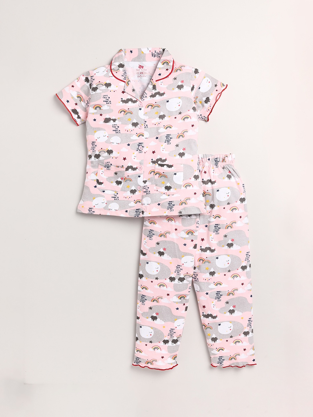 

Dear to Dad Girls Pure cotton Pink & White Printed Night suit