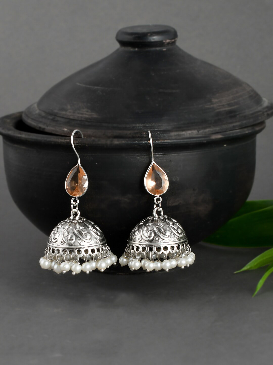 

Silvermerc Designs Orange Silver-Plated Dome Shaped Jhumkas Earrings
