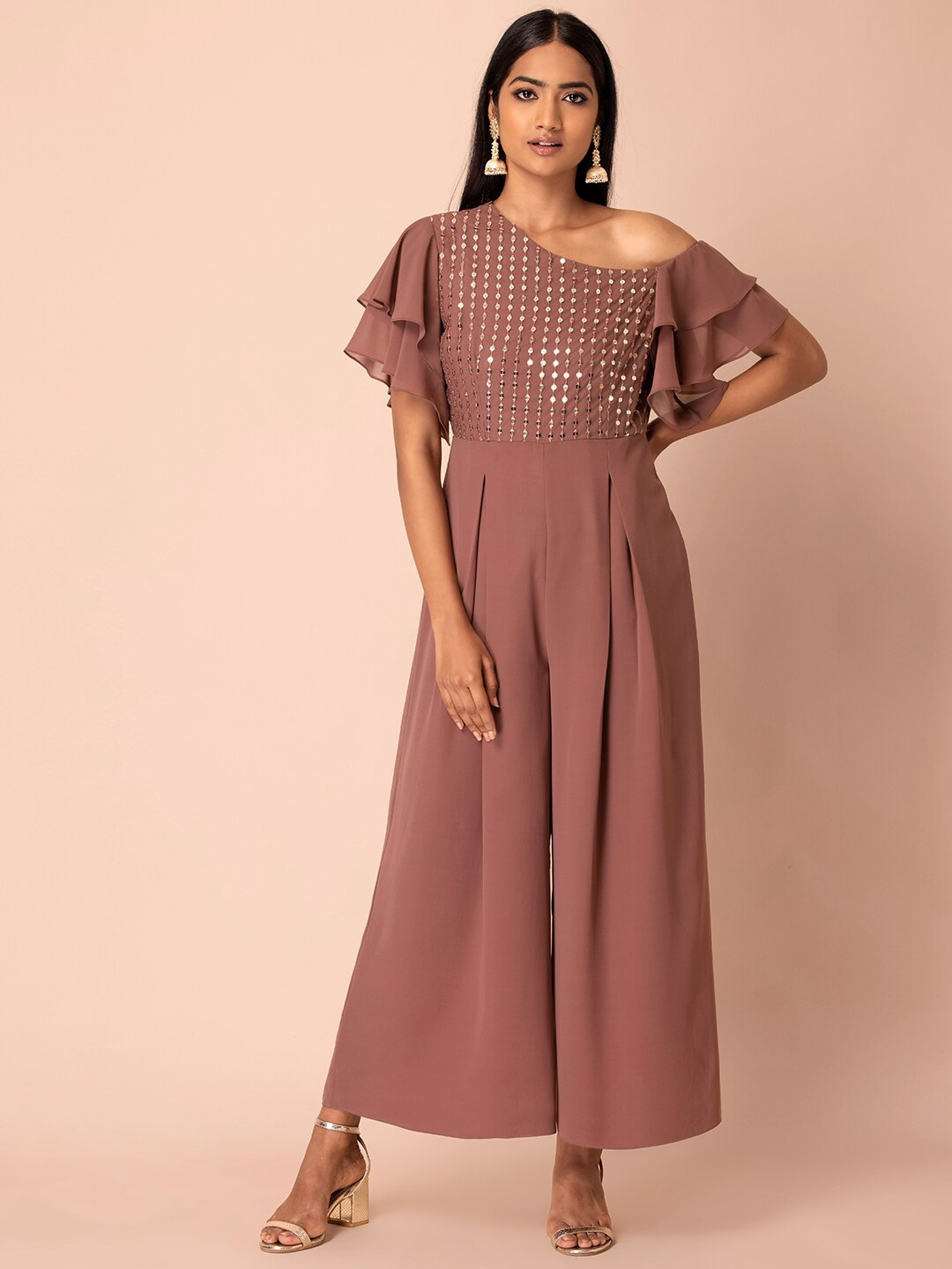 

Rang by Indya Pink Striped Basic Sequined Jumpsuit