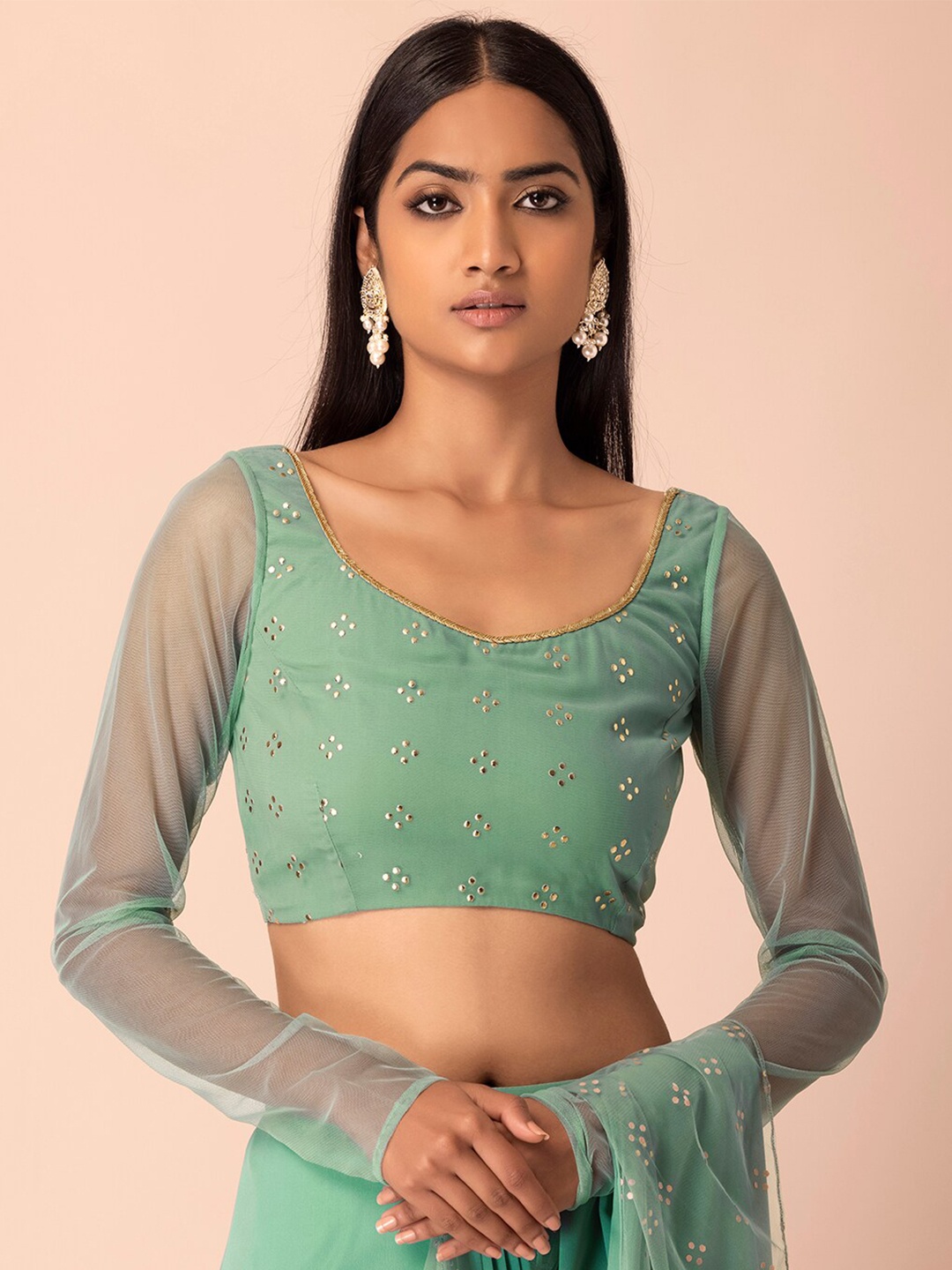 

INDYA Sage Foil Smocked Crop Top, Green