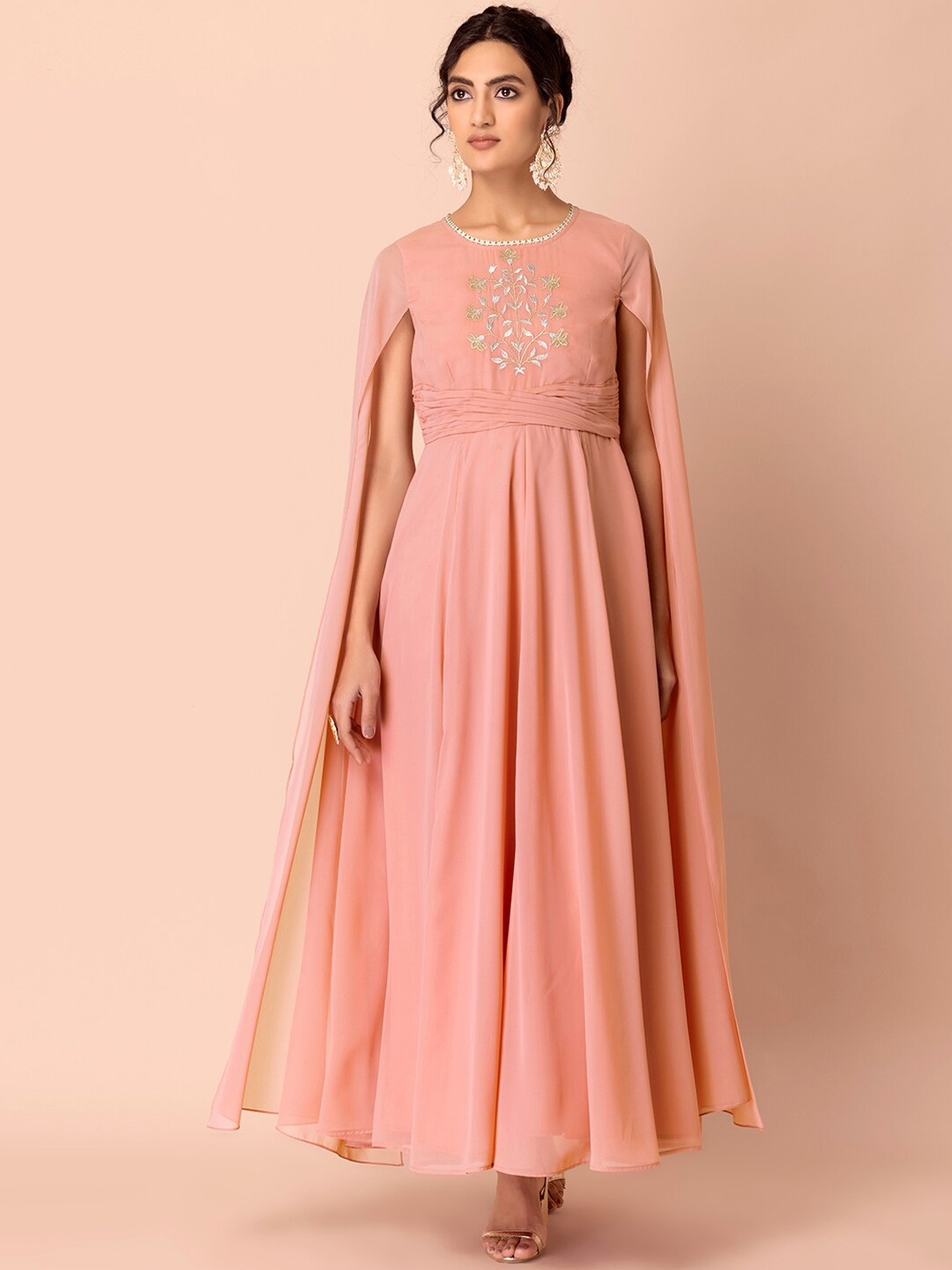 

INDYA Women Peach-Coloured Embroidered Flared Sleeves Thread Work Anarkali Kurta