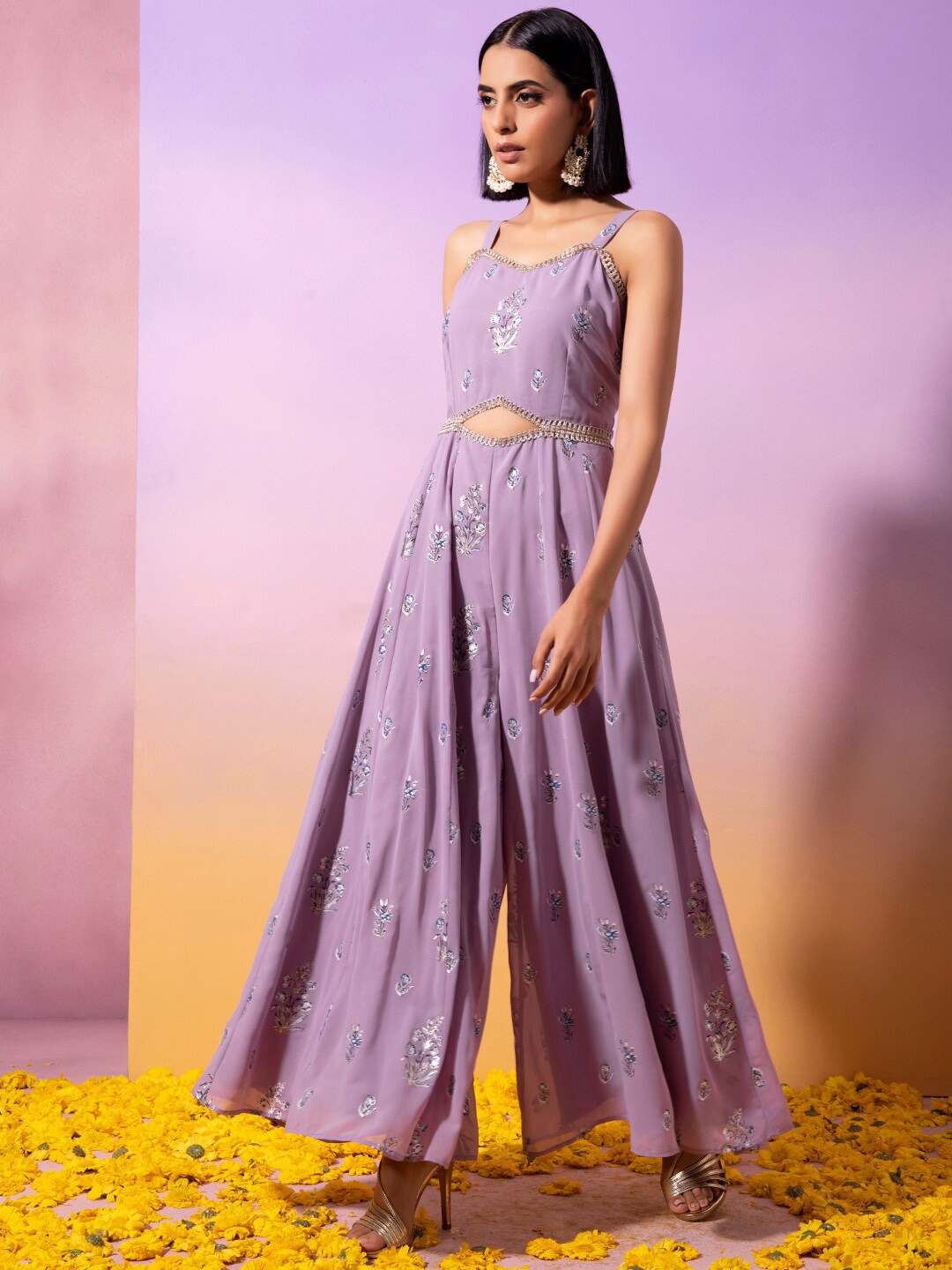 

INDYA Women Lavender & Blue Floral Print Basic Jumpsuit with Embellished Detail