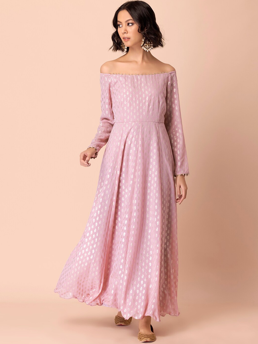 

INDYA Women Pink Ethnic Motifs Off-Shoulder Flared Sleeves Georgette Anarkali Kurta