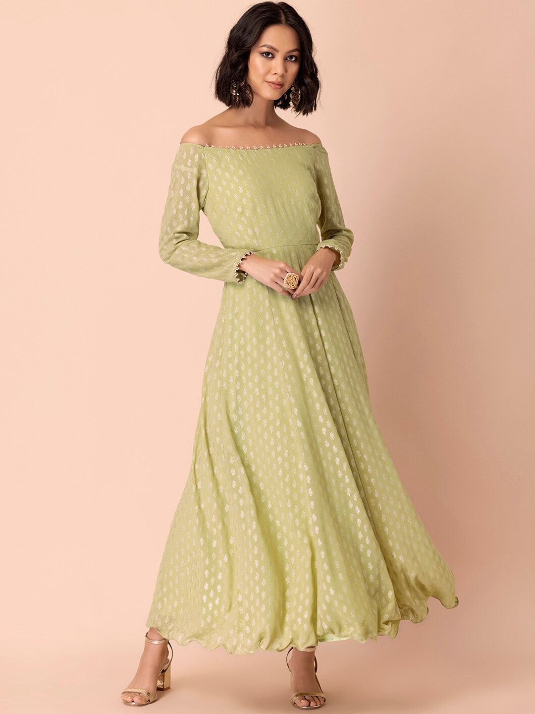 

INDYA Women Green Ethnic Motifs Printed Off-Shoulder Georgette Kurta