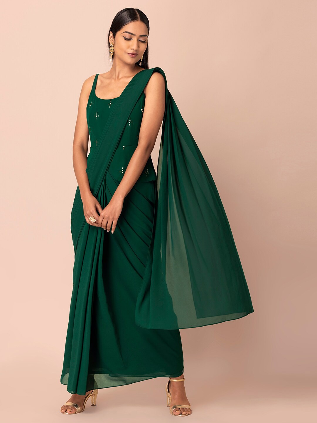 

INDYA Green Peplum Pre Draped Ready to Wear Saree With Attached Blouse