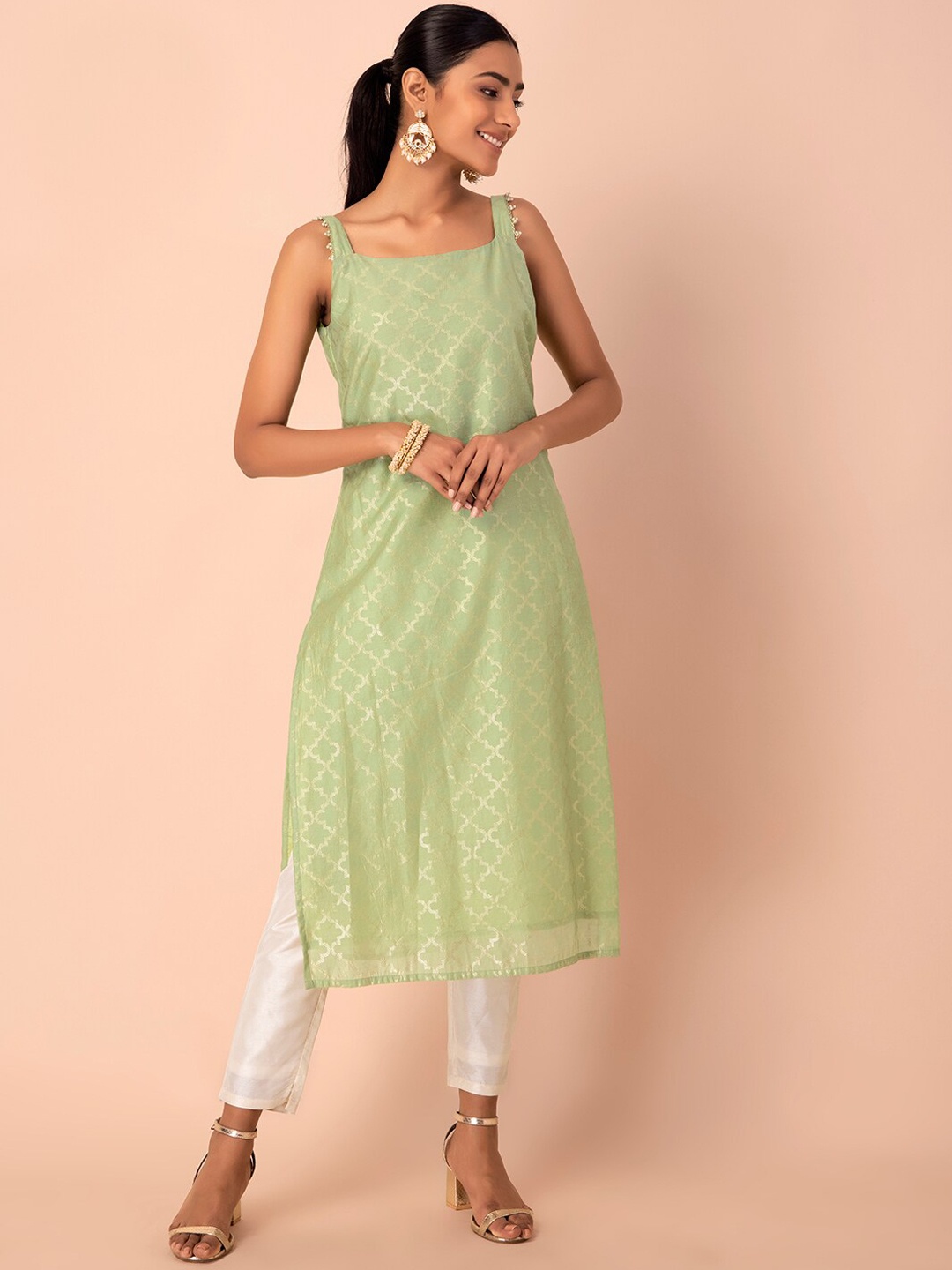 

INDYA Women Green Geometric Chanderi Silk Kurta