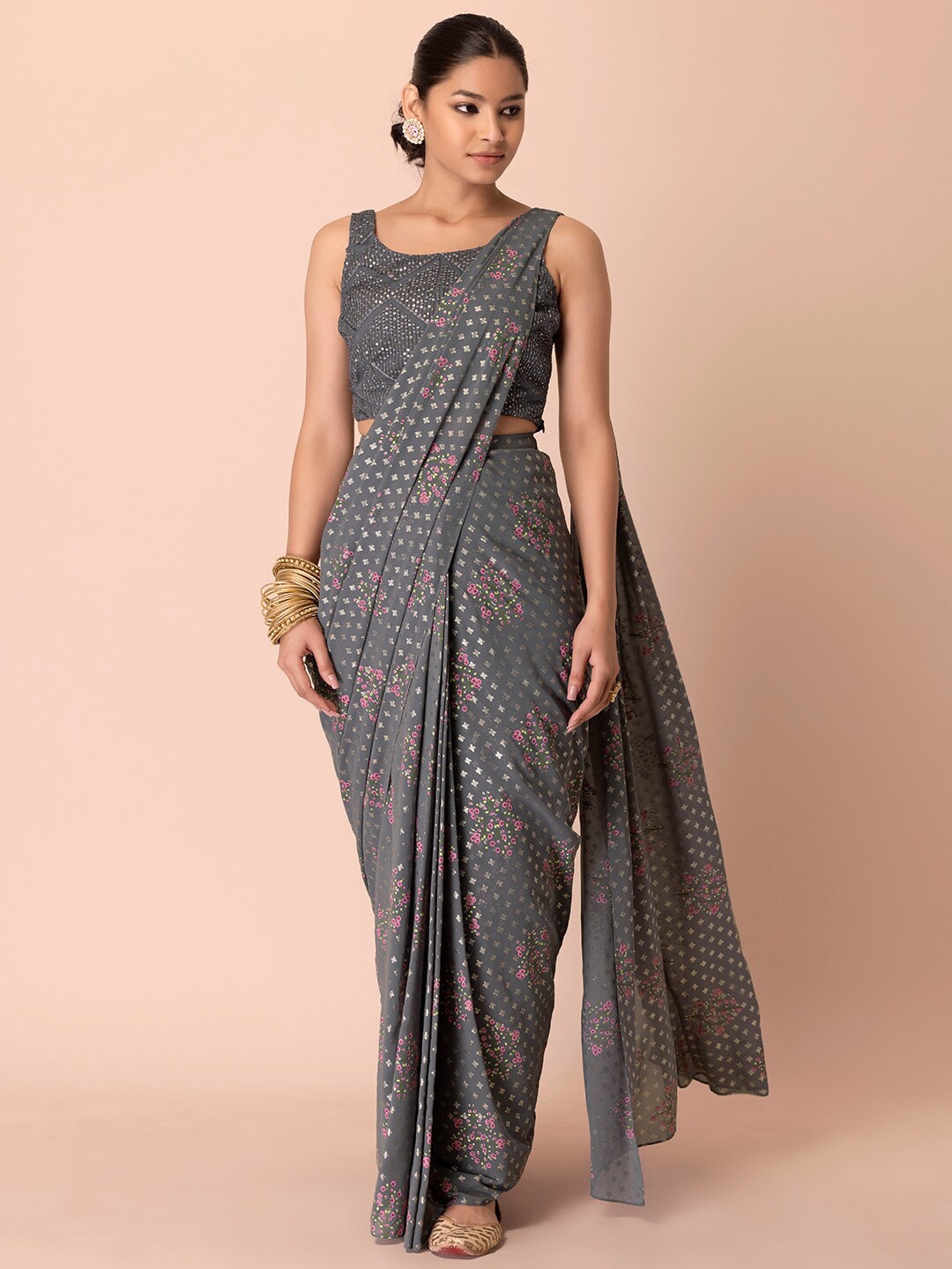 

INDYA Grey & Pink Floral Ready to Wear Saree