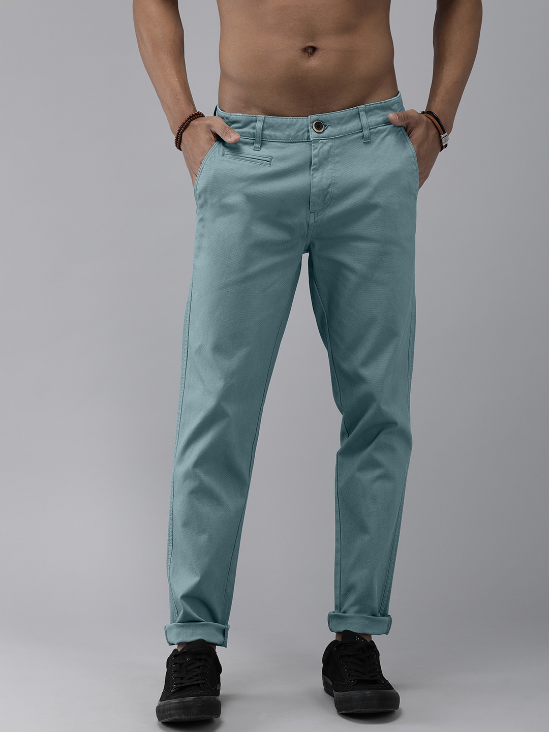 

Roadster Men Teal Blue Textured Slim Fit Trousers