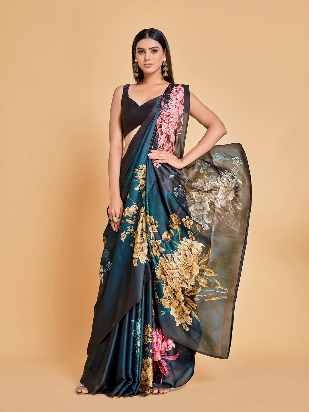 

Sangria Navy Blue & Pink Floral Satin Saree