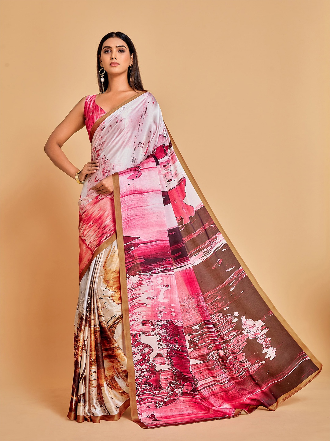 

Sangria Pink & Grey Satin Saree