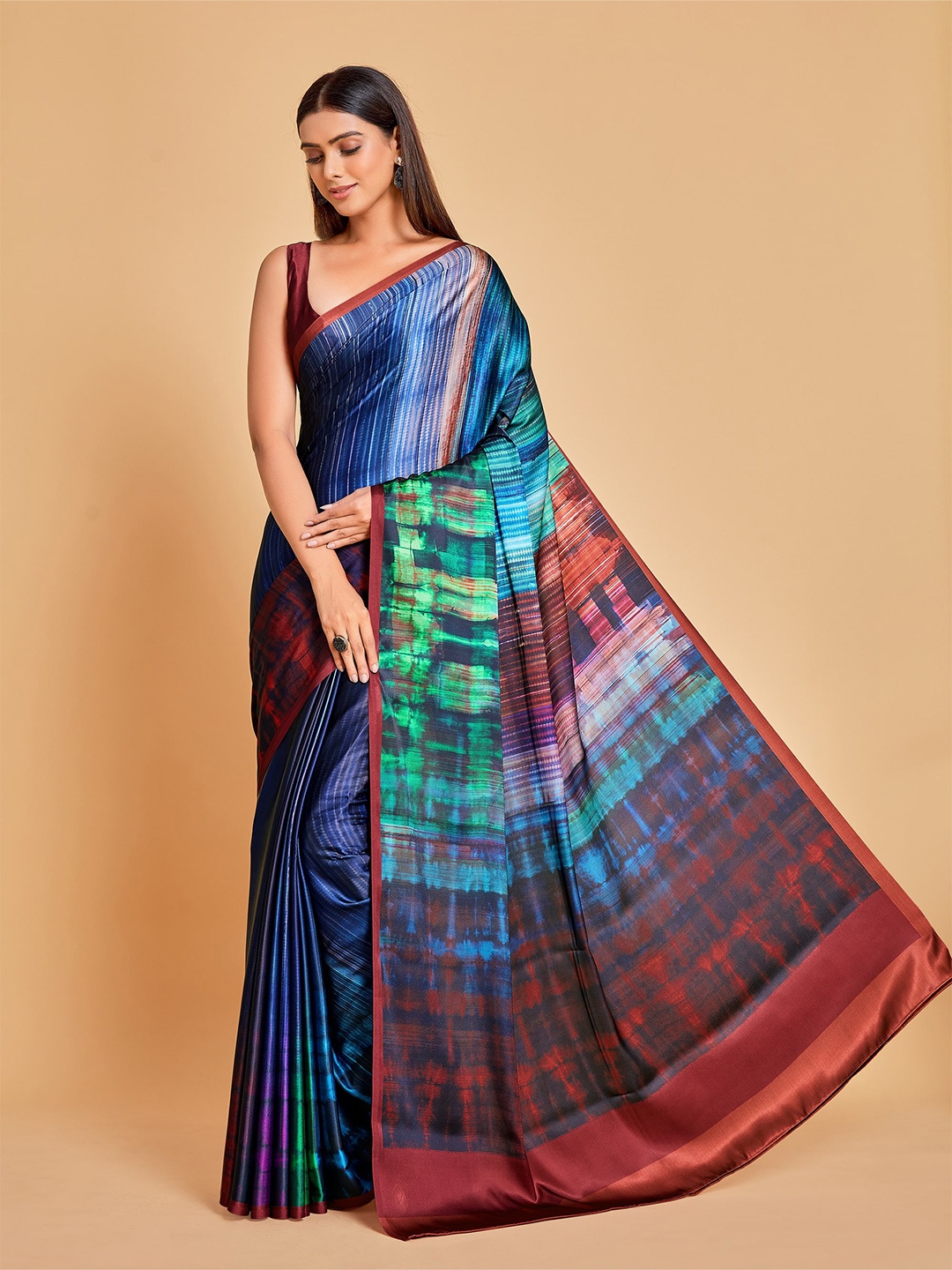 

Sangria Navy Blue & Red Satin Saree