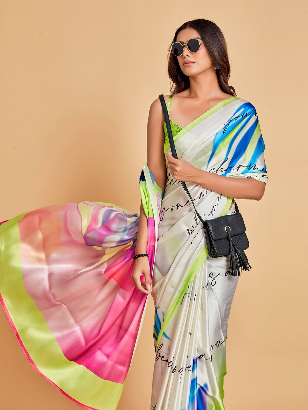 

Sangria White & Blue Satin Saree