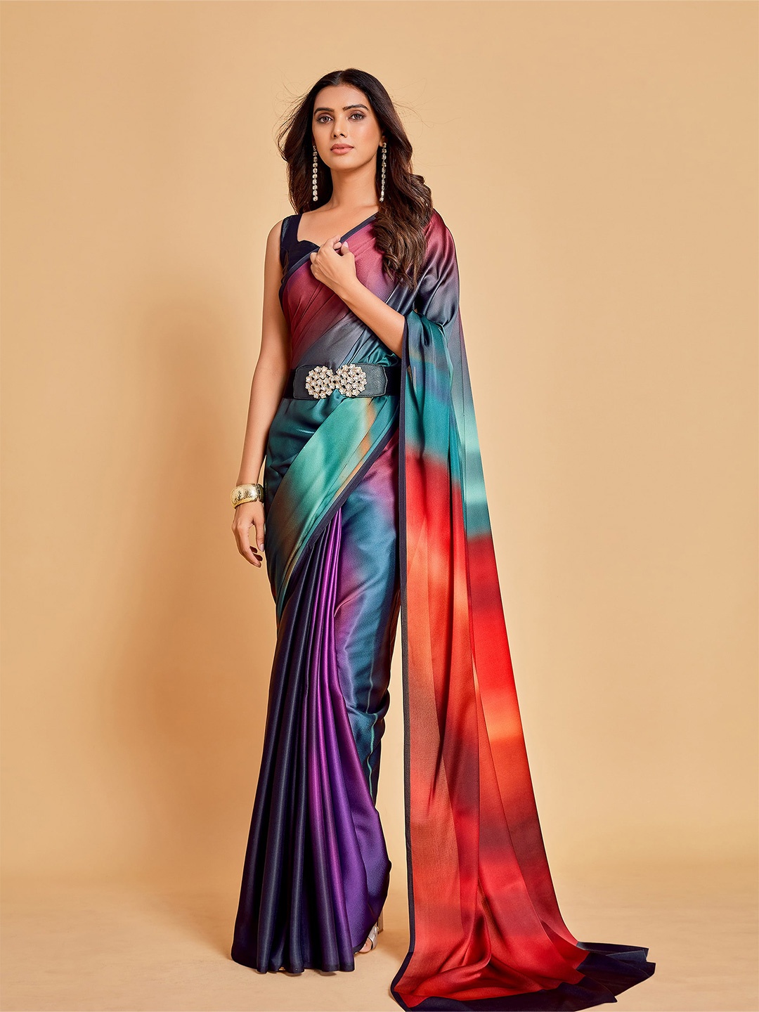 

Sangria Violet & Orange Ombre Satin Saree