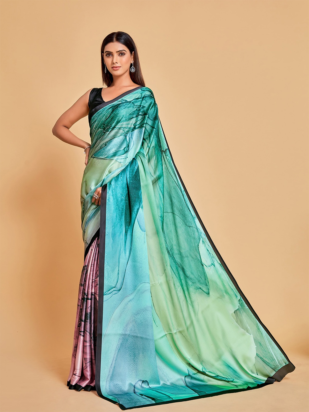

Sangria Women Teal & Pink Satin Saree