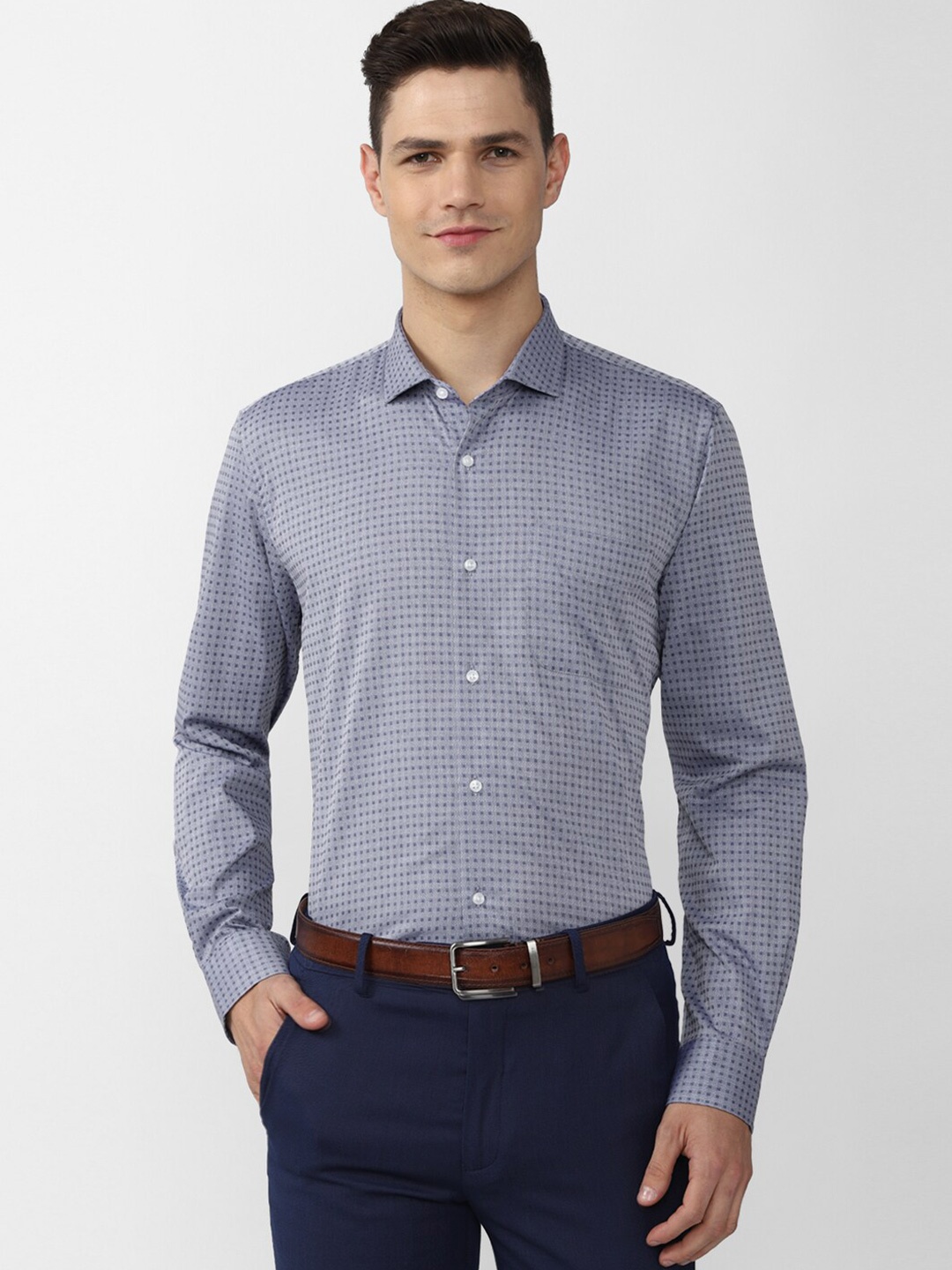 

Peter England Men Blue Slim Fit Checked Pure Cotton Formal Shirt