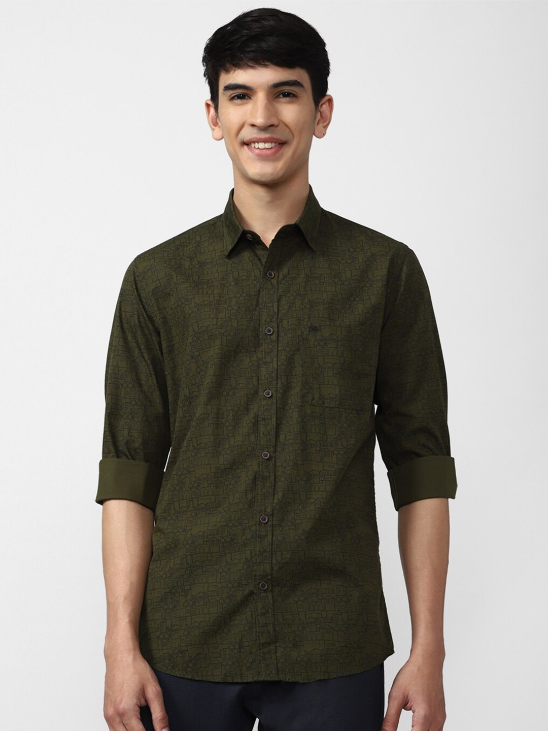 

Peter England Casuals Men Olive Green Slim Fit Printed Casual Shirt