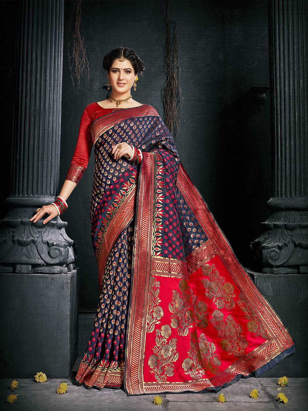 

Shaily Navy Women Blue & Red Ethnic Motifs Zari Silk Blend Banarasi Saree, Navy blue