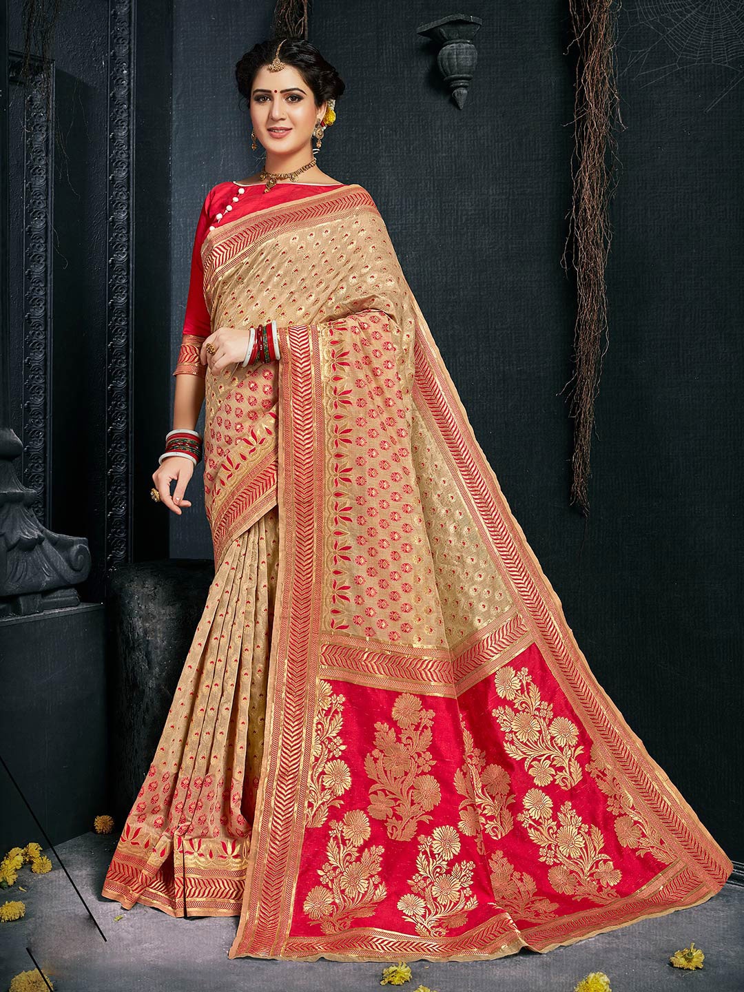 

Shaily Beige & Red Woven Design Zari Silk Blend Banarasi Saree