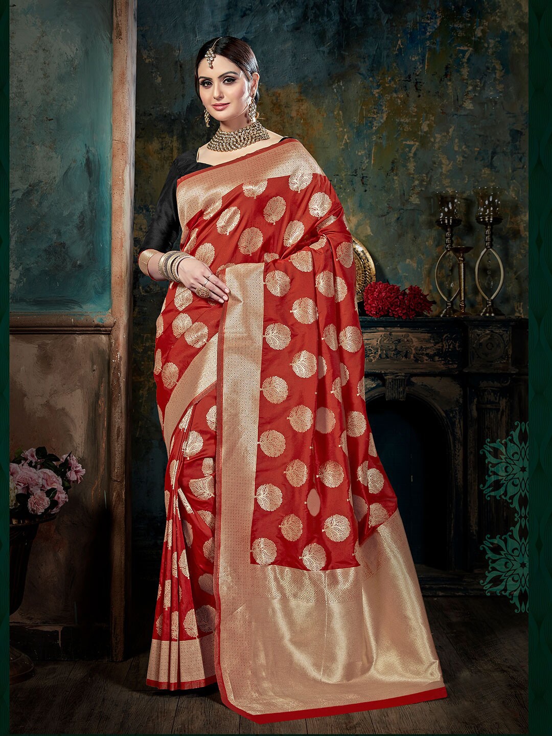 

Shaily Women Red & Gold-Toned Woven Design Zari Silk Blend Banarasi Saree