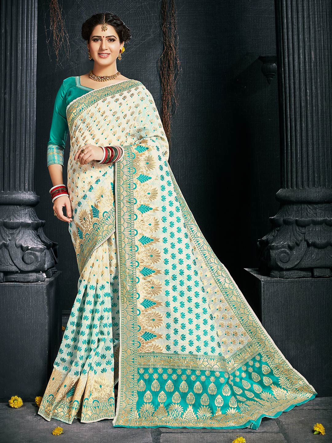 

Shaily Women Off White & Blue Woven Design Zari Silk Blend Banarasi Saree