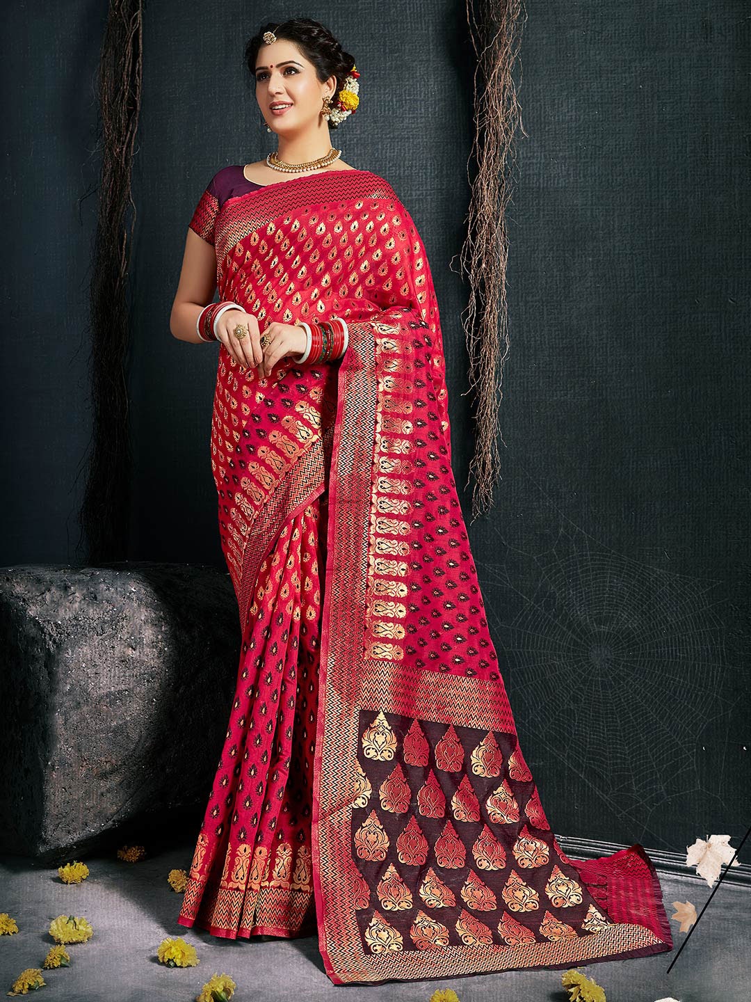 

Shaily Women Red & Gold-Toned Woven Design Zari Silk Blend Banarasi Saree