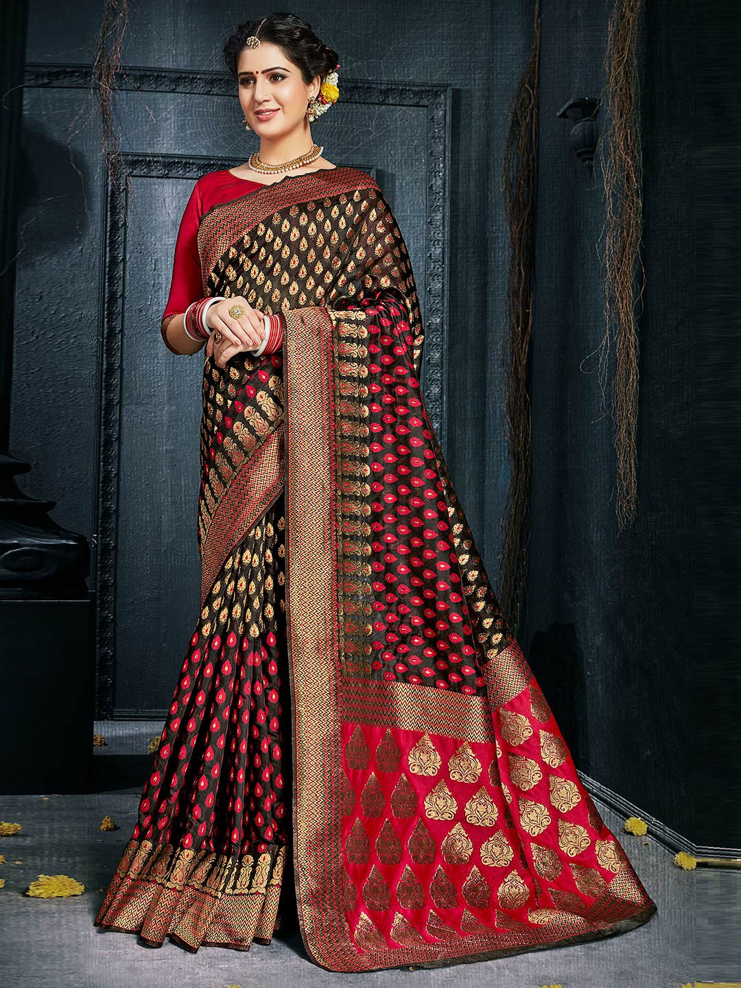 

Shaily Women Black & Red Woven Design Zari Silk Blend Banarasi Saree