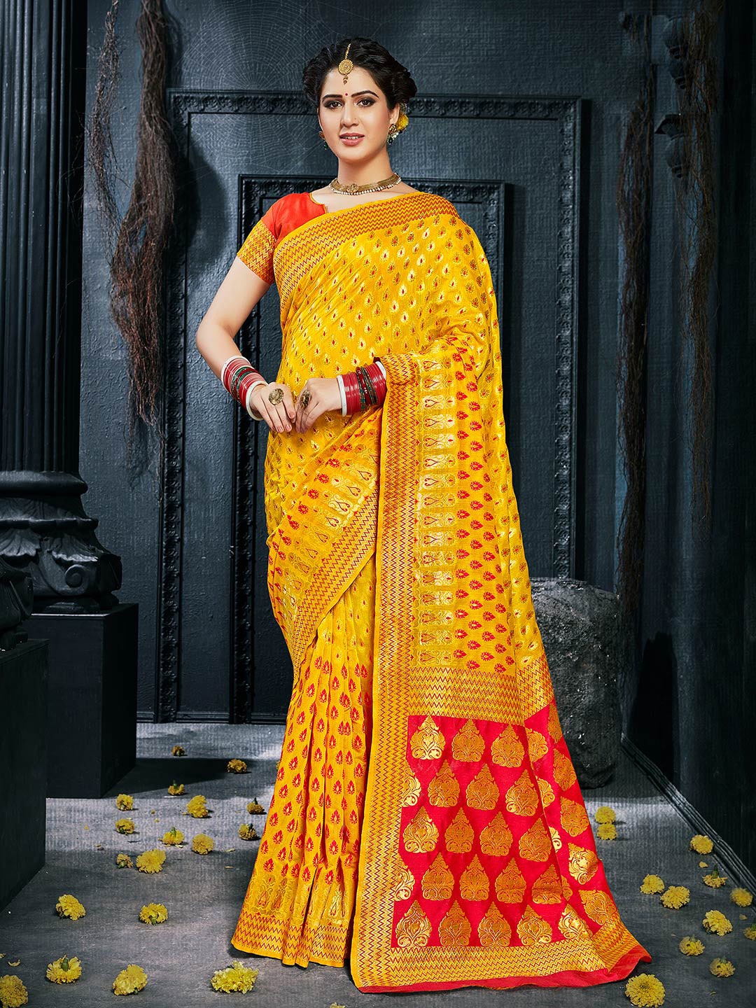 

Shaily Mustard & Gold-Toned Woven Design Zari Silk Blend Banarasi Saree