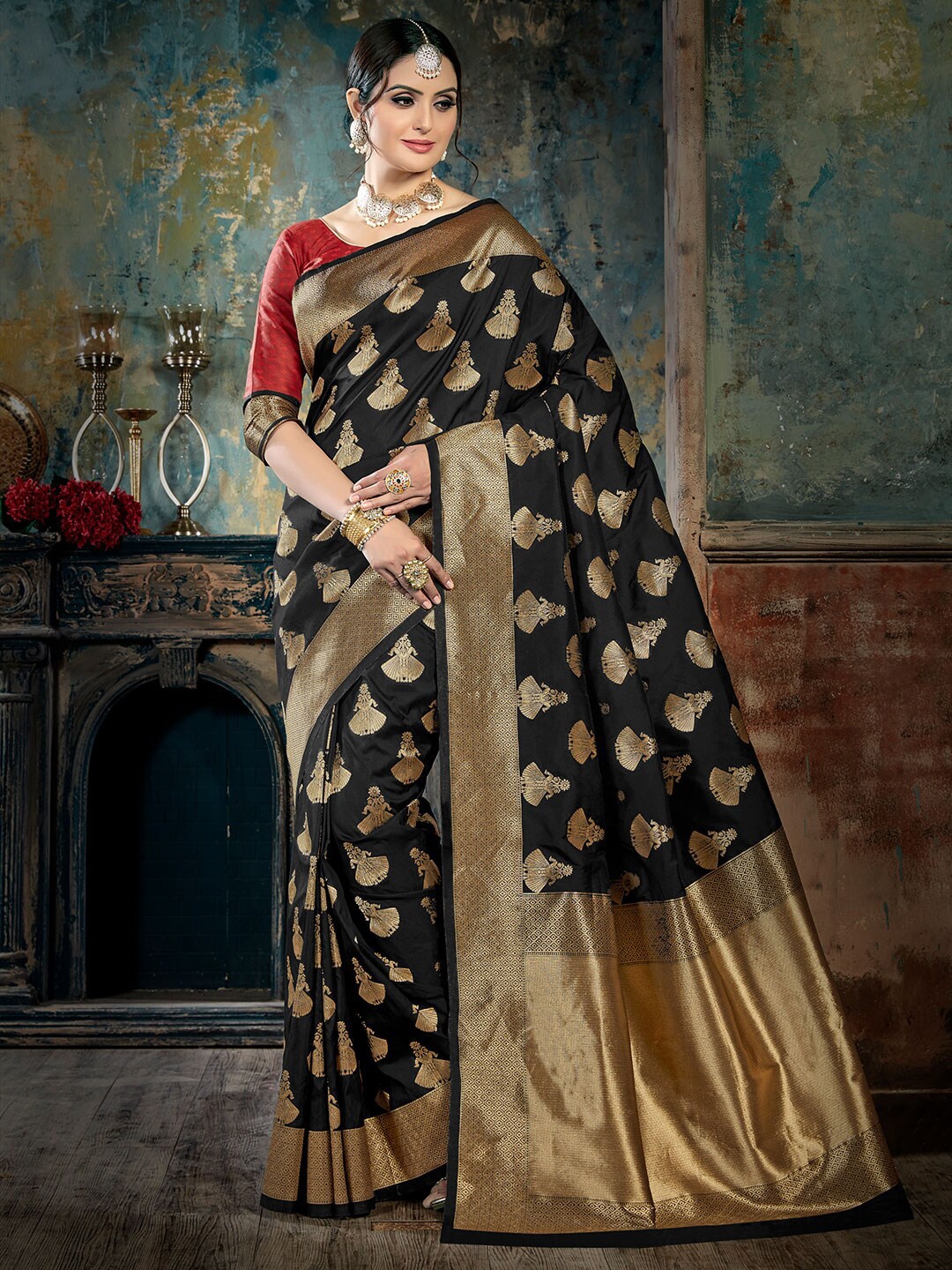 

Shaily Black & Gold-Toned Woven Design Zari Silk Blend Banarasi Saree
